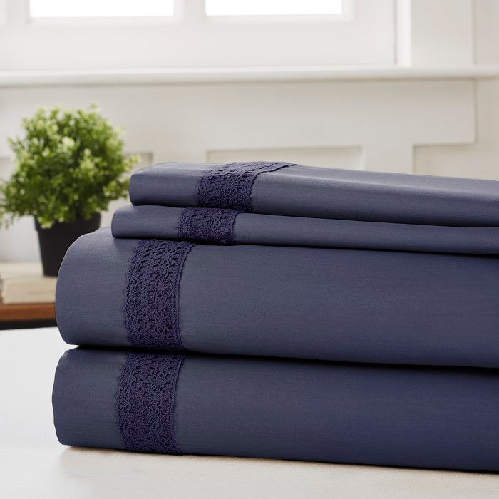 Pisa 4 Piece Avenue Lace Hem California king Size Sheet Set The Urban Port, Blue