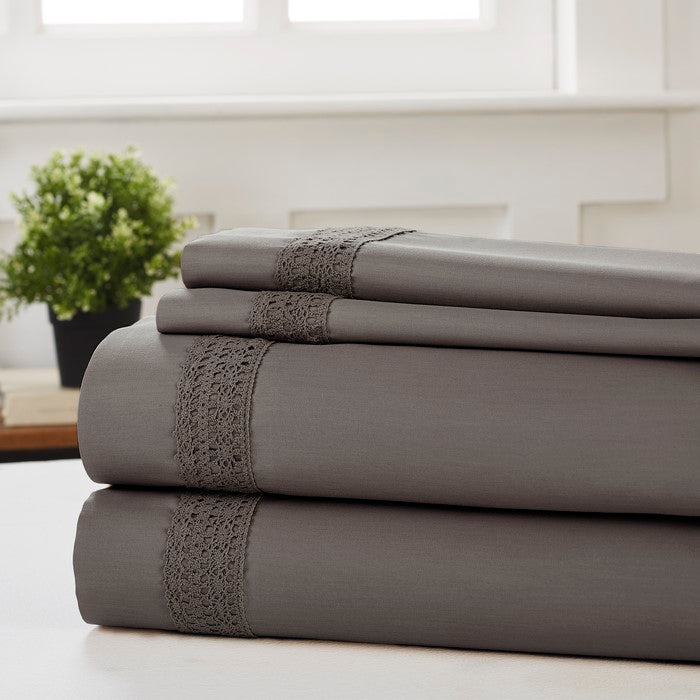 Pisa 4 Piece Avenue Lace Hem king Size Sheet Set The Urban Port, Gray