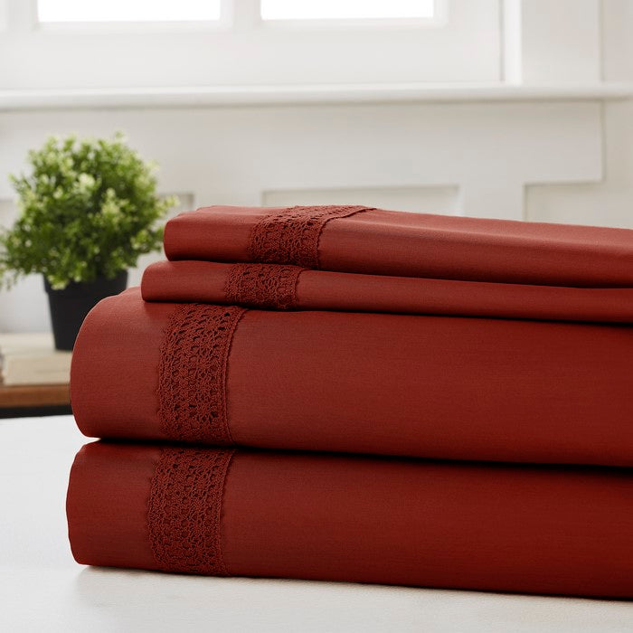 Pisa 4 Piece Avenue Lace Hem California king Size Sheet Set The Urban Port, Red