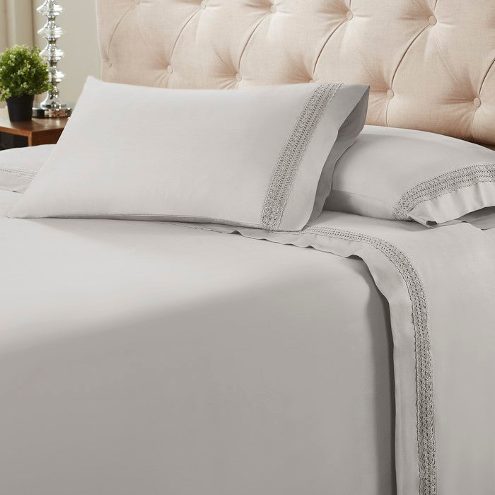 Pisa 4 Piece Avenue Lace Hem king Size Sheet Set The Urban Port, Silver