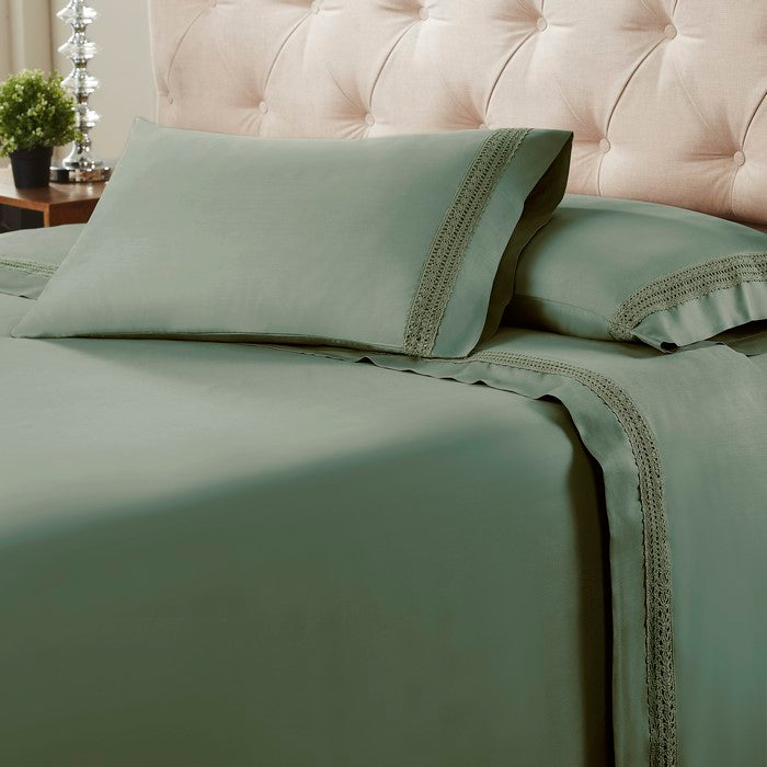 Pisa 4 Piece Avenue Lace Hem king Size Sheet Set The Urban Port, Green