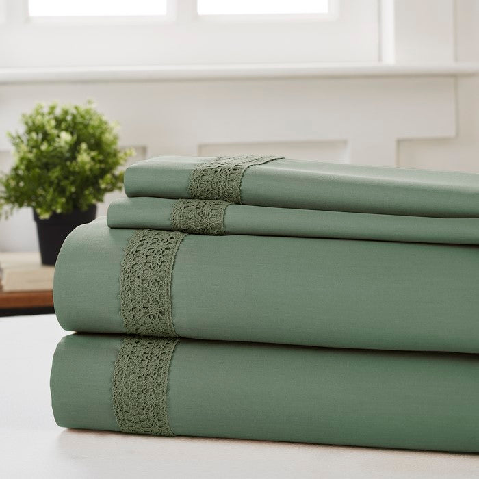 Pisa 4 Piece Avenue Lace Hem king Size Sheet Set The Urban Port, Green