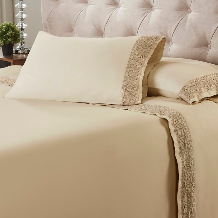 Pisa 4 Piece Diamond Lace Hem California king Size Sheet Set The Urban Port, Beige