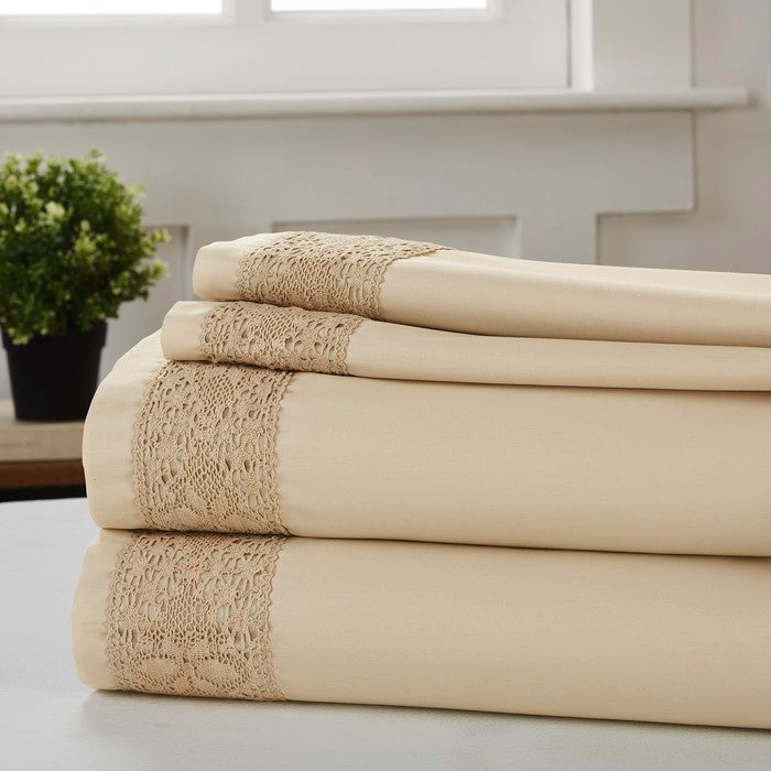 Pisa 4 Piece Diamond Lace Hem California king Size Sheet Set The Urban Port, Beige