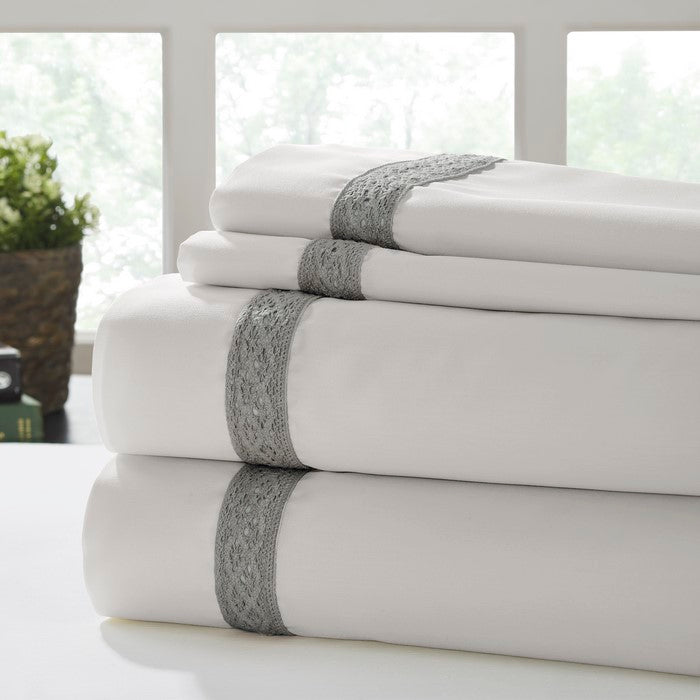Pisa 4 Piece Daisy Lace Hem California king Size Sheet Set The Urban Port, Gray