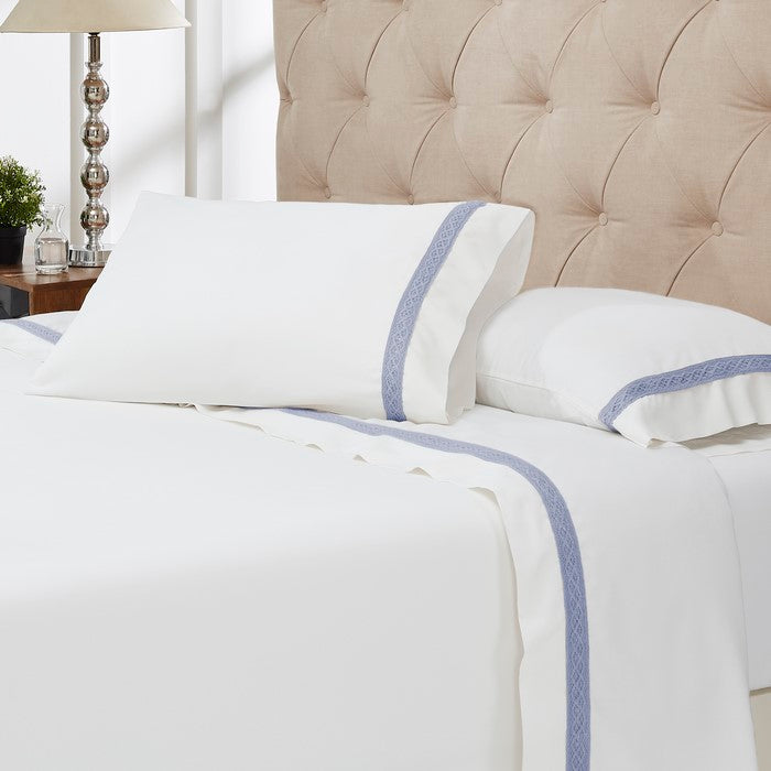 Pisa 4 Piece Daisy Lace Hem king Size Sheet Set The Urban Port, Blue and White