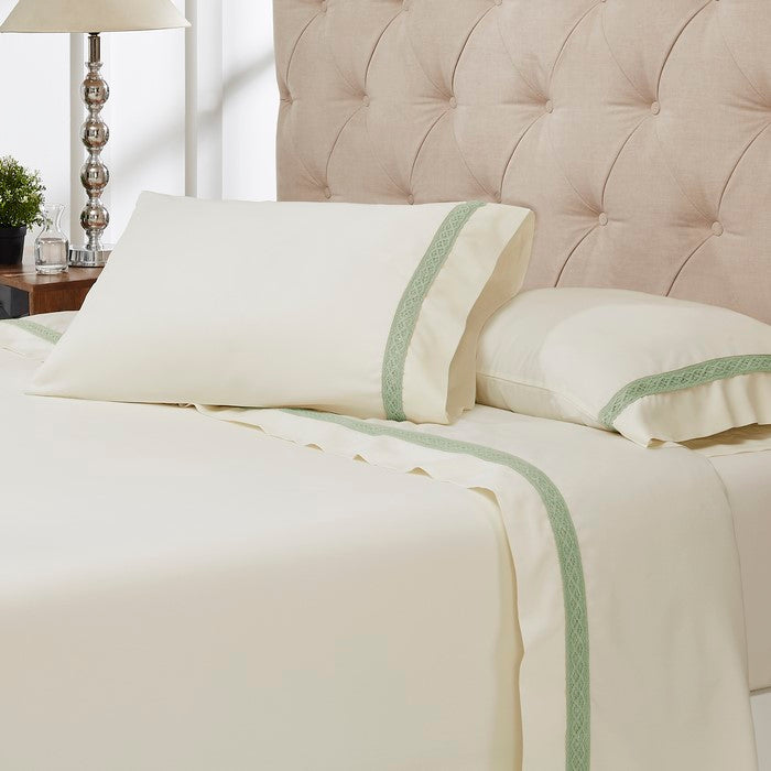 Pisa 4 Piece Daisy Lace Hem California king Sheet Set The Urban Port, Cream and Green