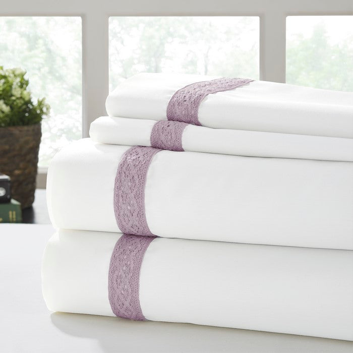 Pisa 4 Piece Daisy Lace Hem California king Sheet Set The Urban Port,White and Purple