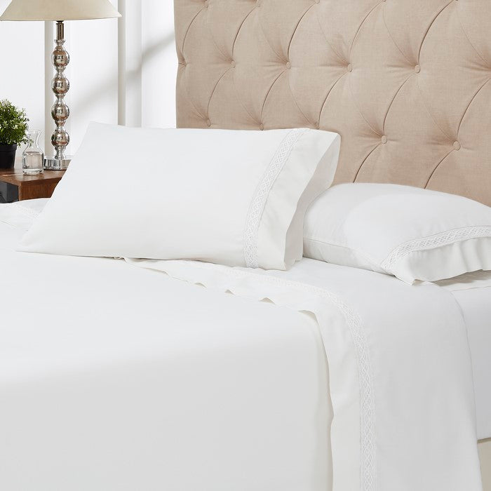 Pisa 4 Piece Daisy Lace Hem California king Size Sheet Set The Urban Port, White