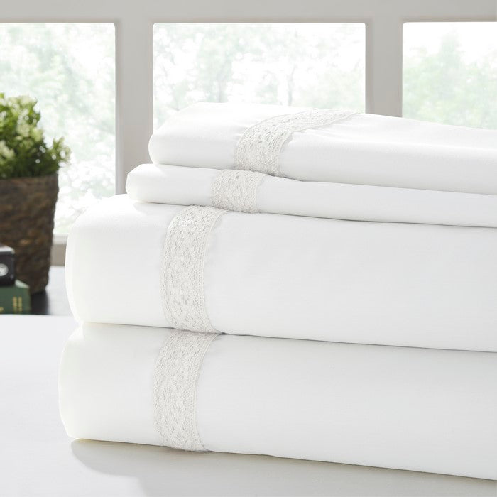 Pisa 4 Piece Daisy Lace Hem California king Size Sheet Set The Urban Port, White