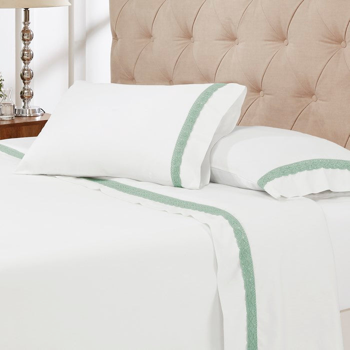 Pisa 4 Piece Lace Hem king Size Sheet Set The Urban Port, White and Green