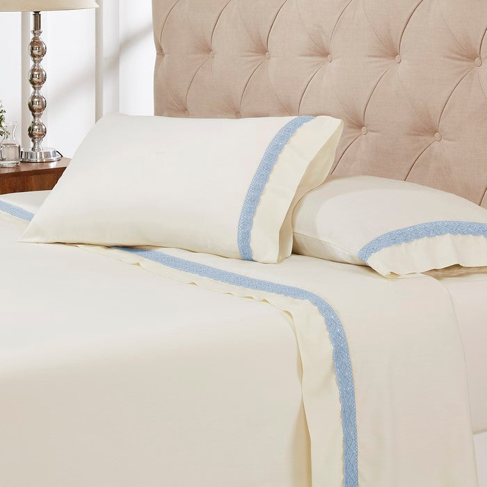 Pisa 4 Piece Lace Hem king Size Sheet Set The Urban Port, Cream and Blue