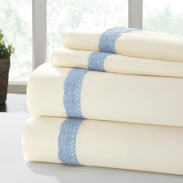 Pisa 4 Piece Lace Hem king Size Sheet Set The Urban Port, Cream and Blue