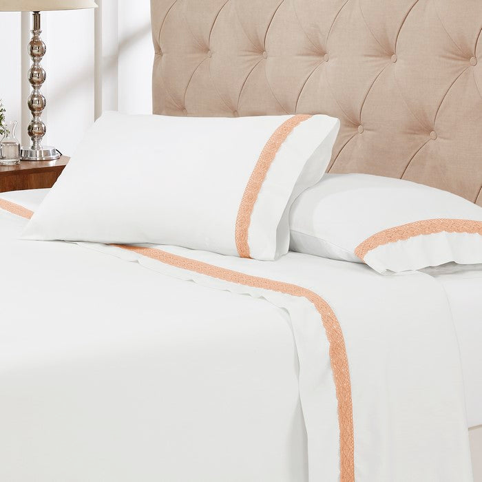 Pisa 4 Piece Lace Hem California king Sheet Set The Urban Port, White and Orange