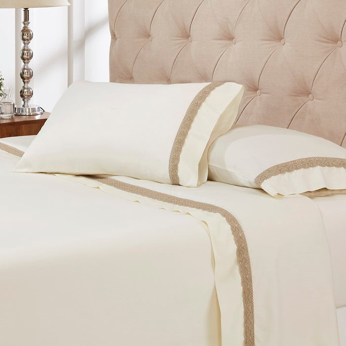 Pisa 4 Piece Lace Hem king Size Sheet Set The Urban Port, Cream and Brown
