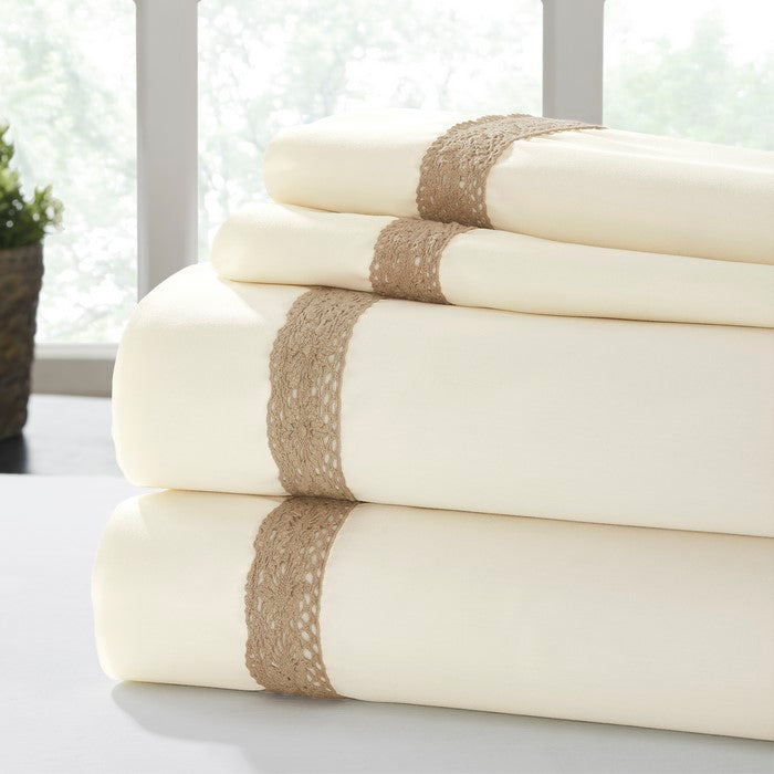 Pisa 4 Piece Lace Hem king Size Sheet Set The Urban Port, Cream and Brown