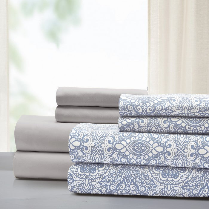 Nantes 8 Piece Printed and Solid Full Sheet Set The Urban Port, Blue and White