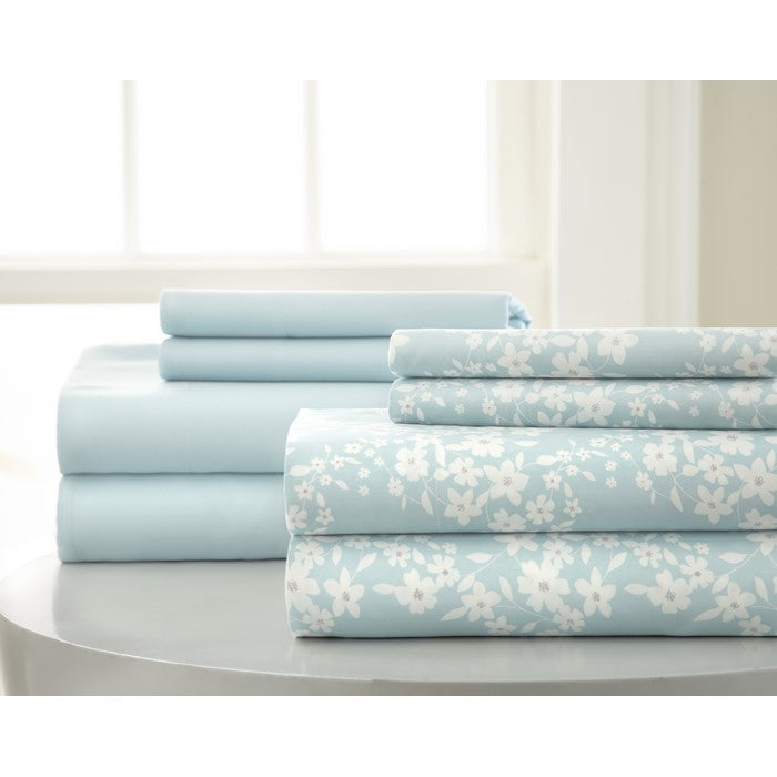 Pau 8 Piece Full Sheet Set Floral Printed and Solid The Urban Port, Blue and White