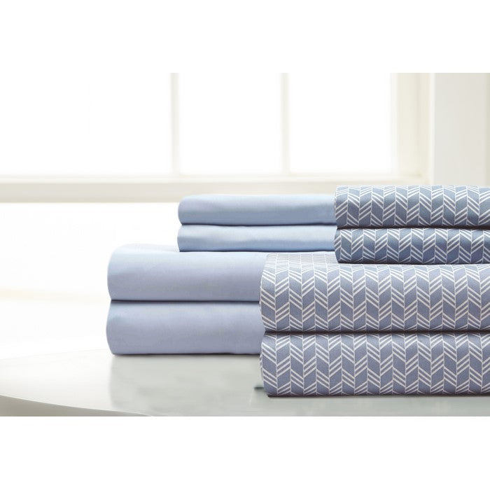 Calais 8 Piece Herringbone and Solid King Sheet Set The Urban Port, Blue and White
