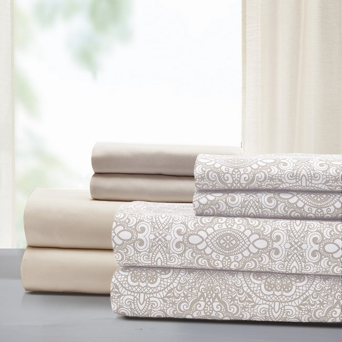 Nantes 8 Piece Printed and Solid King Sheet Set The Urban Port, Beige and White