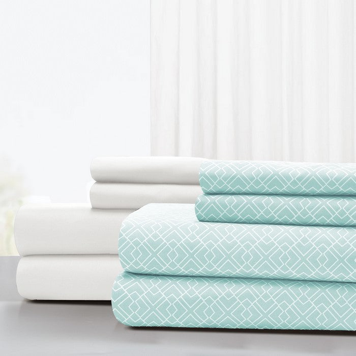 Nantes 8 Piece Printed and Solid King Size Sheet Set The Urban Port, Blue and White
