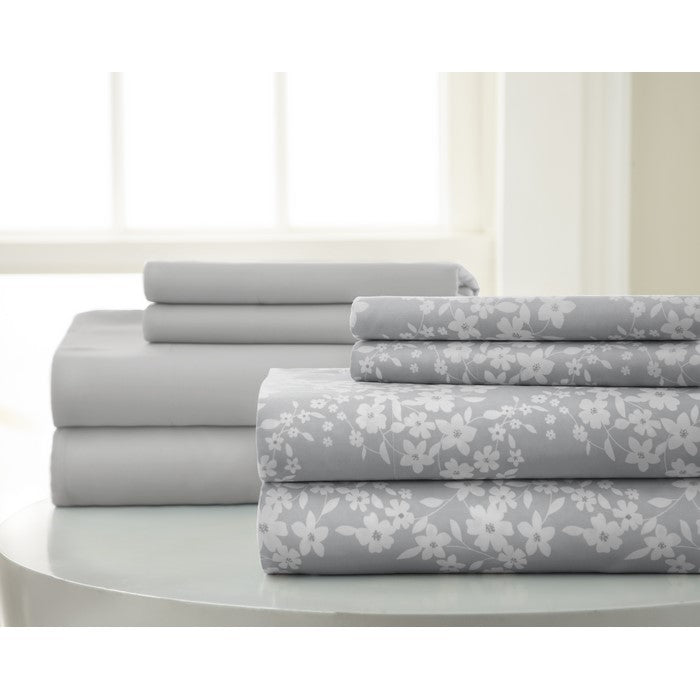 Pau 8 Piece Floral Printed and Solid California King Sheet Set The Urban Port, Gray and White