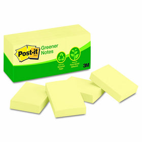 Post-it Notes, Original Pad, 1-3/8 inches x 1-7/8 inches, Recycled, Canary Yellow, 12 Pads per Pack