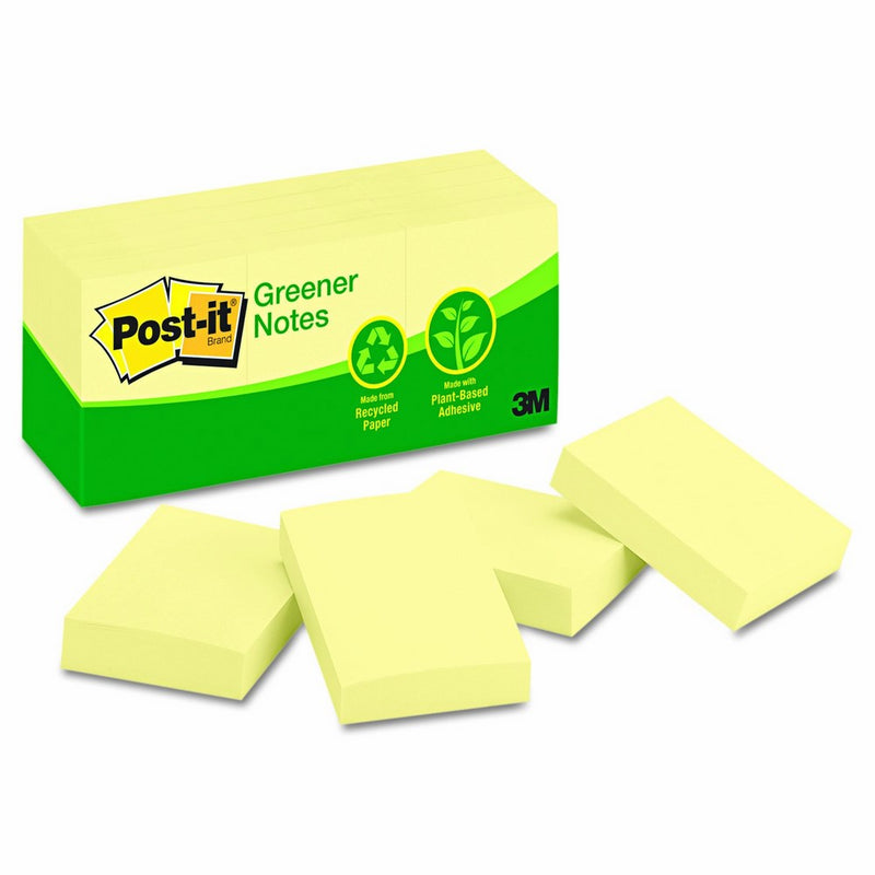 Post-it Notes, Original Pad, 1-3/8 inches x 1-7/8 inches, Recycled, Canary Yellow, 12 Pads per Pack