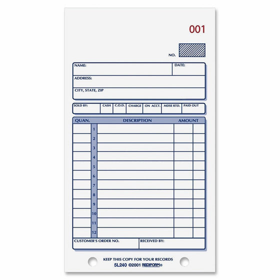 Rediform Sales Order Book, Carbonless, 2 Part, 3.625 x 6.375 Inches, 50 Forms (5L240)