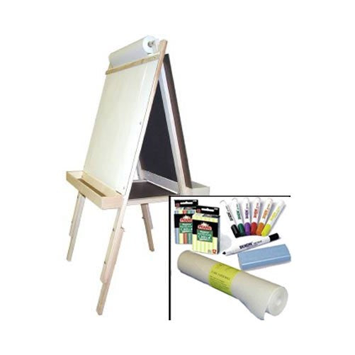 "Beka Adjustable Double-Sided Easel-and-Supplies Combo #2, Marker Board and Chalkboard Surfaces, Top Paper Holder, Wood Trays"