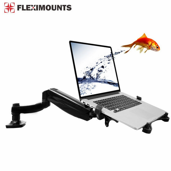 2 in 1 FLEXIMOUNTS L01 Laptop Desk Mount for 11-15.6 inch laptop with Notebook tray or 10-24 inch computer monitor with Swivel Gas Spring arm,With Clamp or Grommet Desktop Support