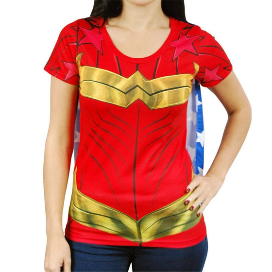 Animewild DC Comics Wonder Woman Sublimated Womens Caped Costume T-Shirt (X-Large)