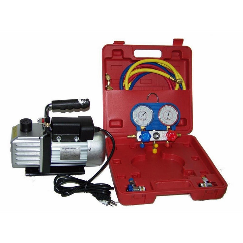 Combo 3cfm 1/4hp Air Vacuum Pump Hvac Refrigeration Kit Ac 134a Manifold Gauge