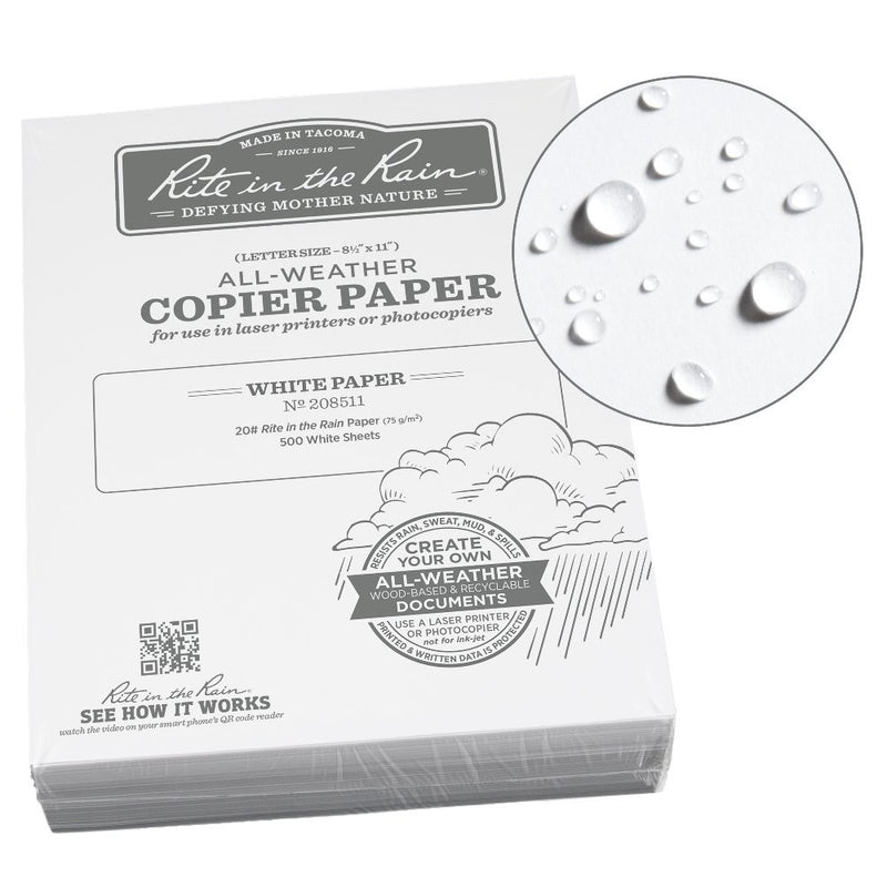 Rite in the Rain Weatherproof Bulk Copier Paper, 8 1/2" x 11", 20# White, 500 Sheet Pack (No. 208511)