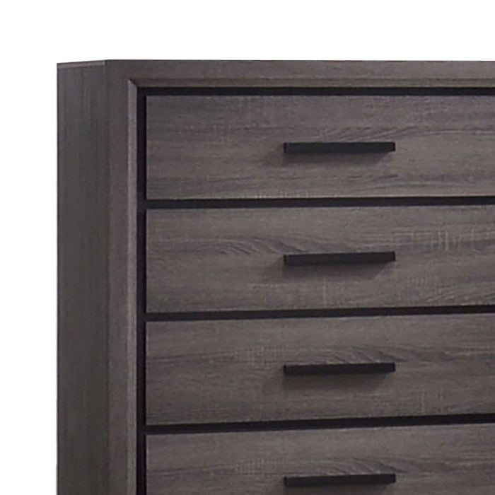 Wooden Chest with 5 Drawers and Finger Pull Handle, Gray and Black