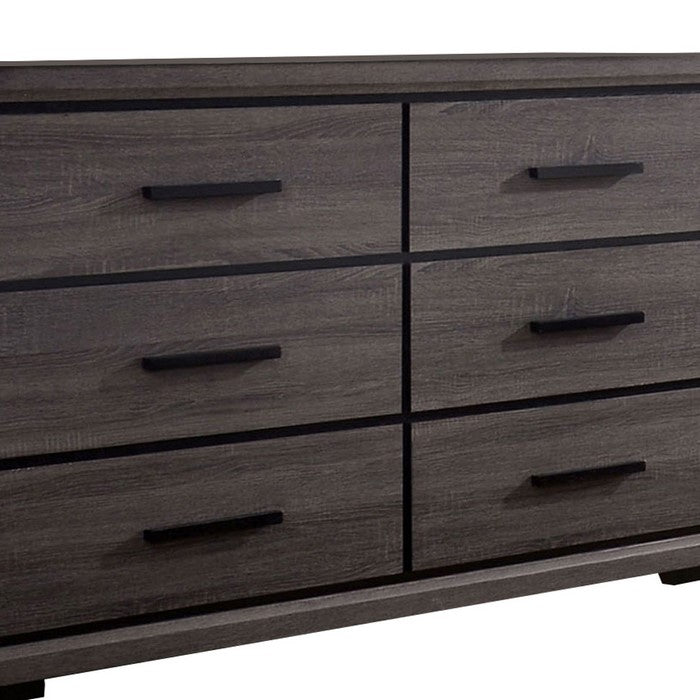Wooden Dresser with 6 Drawers and Finger Pull Handle, Gray and Black