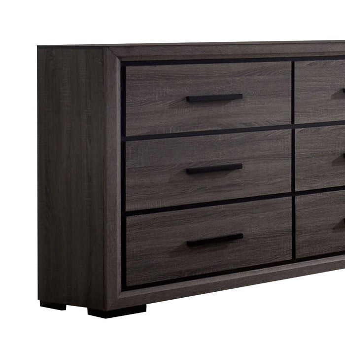 Wooden Dresser with 6 Drawers and Finger Pull Handle, Gray and Black