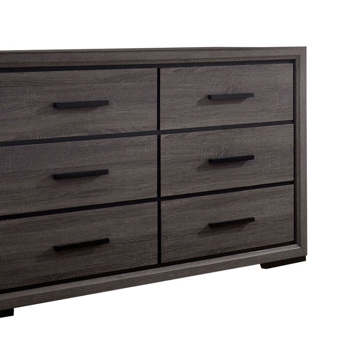 Wooden Dresser with 6 Drawers and Finger Pull Handle, Gray and Black
