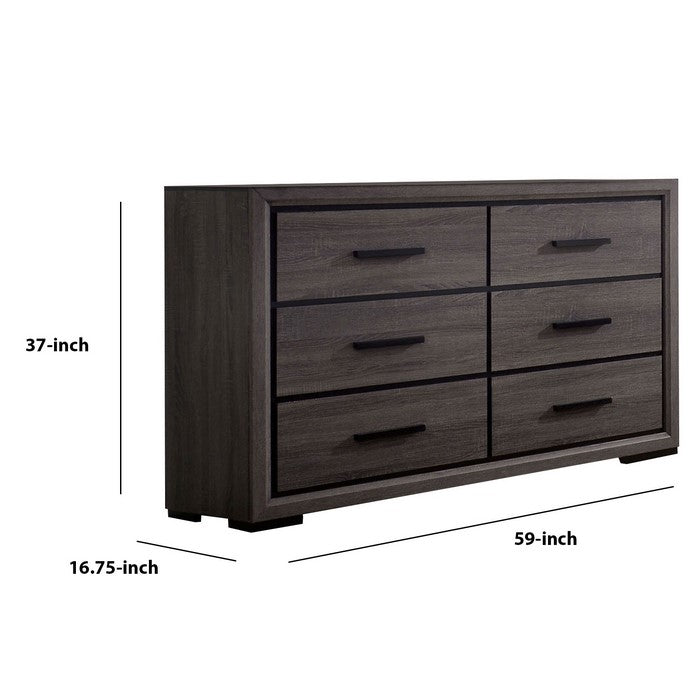 Wooden Dresser with 6 Drawers and Finger Pull Handle, Gray and Black