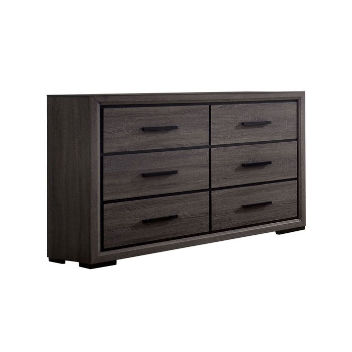 Wooden Dresser with 6 Drawers and Finger Pull Handle, Gray and Black