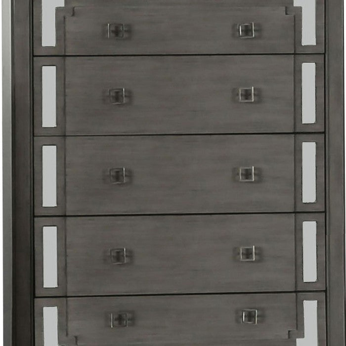 Contemporary Wood and Mirror Chest with 5 Drawers, Gray and Clear