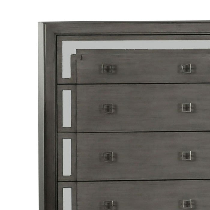 Contemporary Wood and Mirror Chest with 5 Drawers, Gray and Clear
