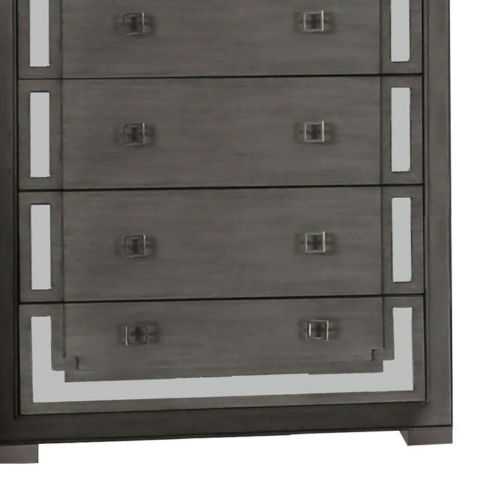 Contemporary Wood and Mirror Chest with 5 Drawers, Gray and Clear