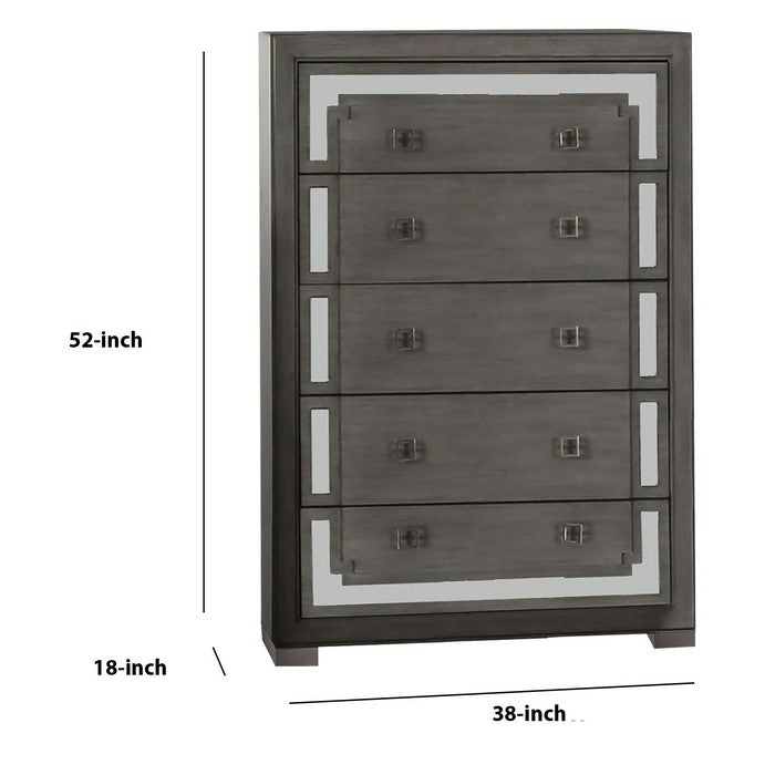 Contemporary Wood and Mirror Chest with 5 Drawers, Gray and Clear