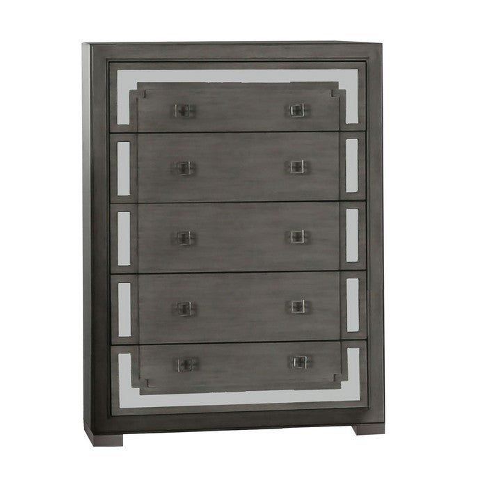 Contemporary Wood and Mirror Chest with 5 Drawers, Gray and Clear