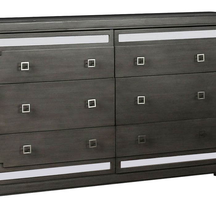 Contemporary Wood and Mirror Dresser with 6 Drawers, Gray and Clear