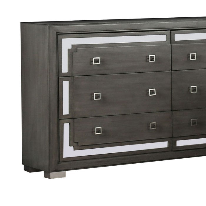 Contemporary Wood and Mirror Dresser with 6 Drawers, Gray and Clear