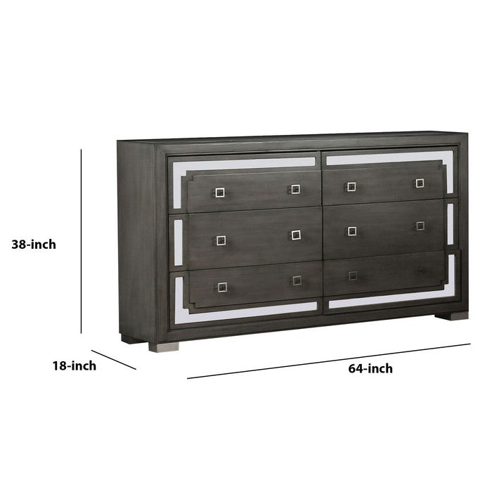 Contemporary Wood and Mirror Dresser with 6 Drawers, Gray and Clear