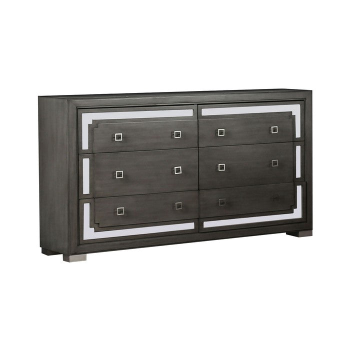Contemporary Wood and Mirror Dresser with 6 Drawers, Gray and Clear