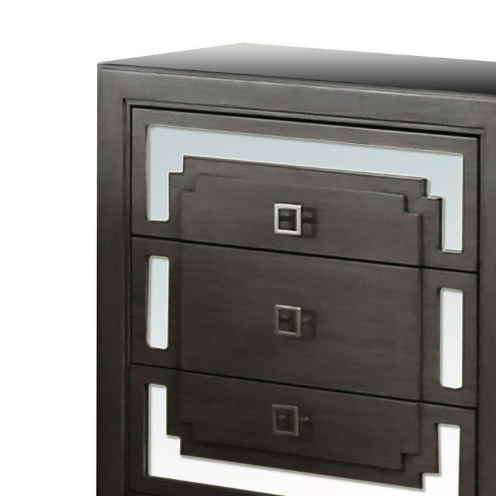 Wood and Mirror Nightstand with 3 Drawer Storage, Gray and Clear